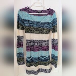 Striped V-Neck Knit Sweater Dress - Multicolor